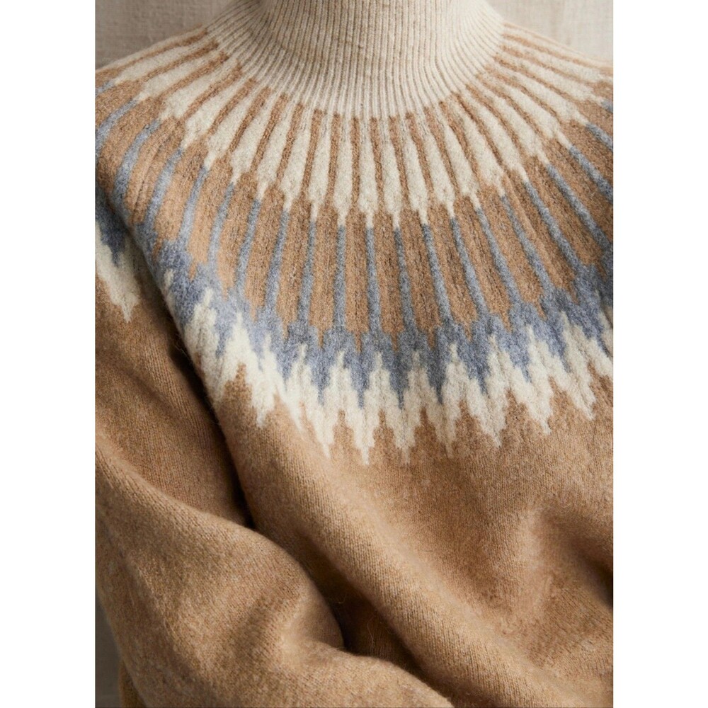 J.Crew Fair Isle Nordic Yoke Sweater Mock Neck Camel Alpaca Wool Blend Size S